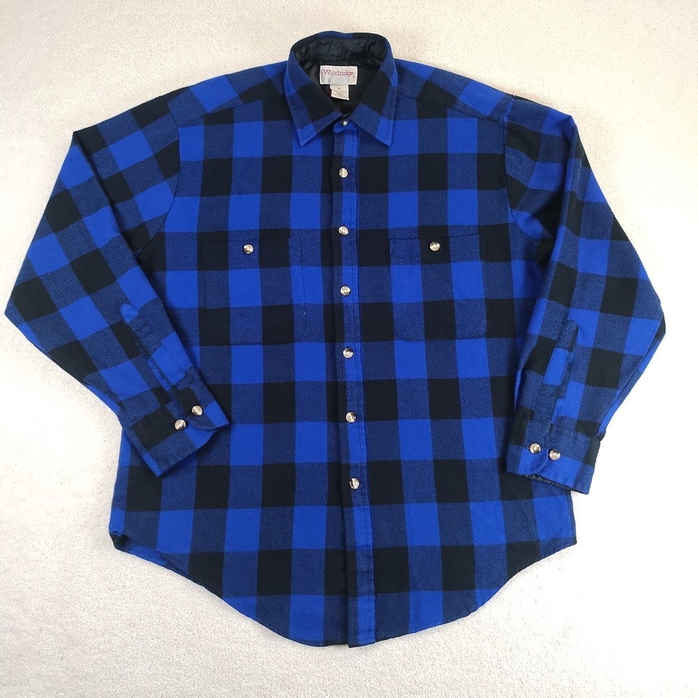 Vtg Windridge Flannel Shirt Men's Med Blue Buffalo Plaid Lumberjack Work